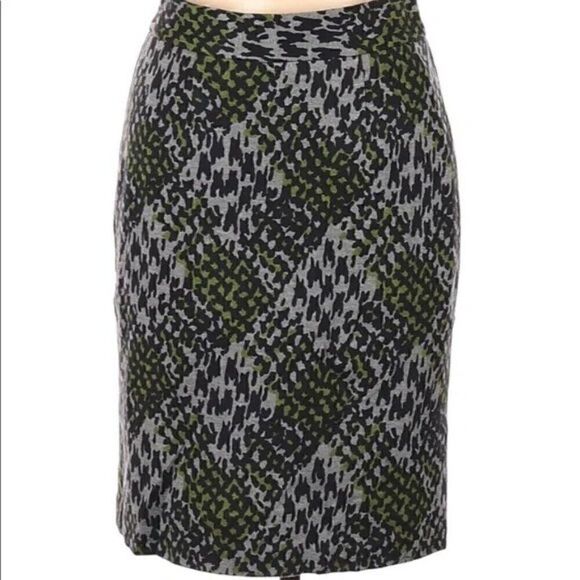 Trina Turk Gray and Green Leopard Print Plaid Pencil Skirt - Picture 1 of 8